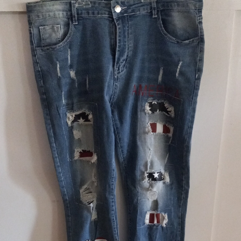 Distressed Blue Jeans with Heart And American Flag Patchwork